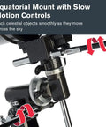 Close-up of manual German equatorial mount on PowerSeeker 114EQ Telescope For Beginners With Manual German Equatorial Mount Portable 114mm Aperture Ideal For Moon Planets And Deep Sky Viewing Plus Bonus Astronomy Software Package