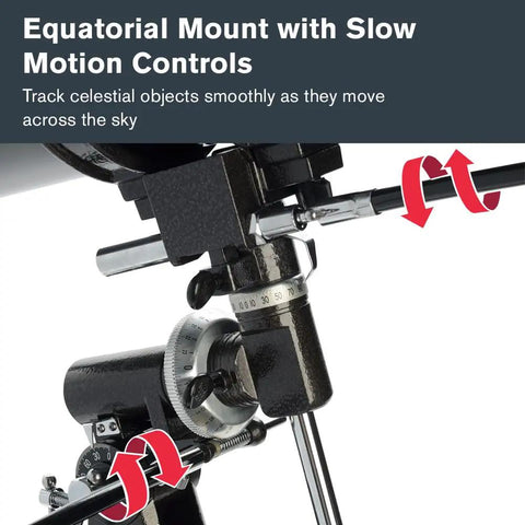 Close-up of manual German equatorial mount on PowerSeeker 114EQ Telescope For Beginners With Manual German Equatorial Mount Portable 114mm Aperture Ideal For Moon Planets And Deep Sky Viewing Plus Bonus Astronomy Software Package
