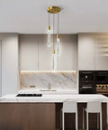 Modern Minimalist Gold Pendant Light Fixture For Kitchen Island Dimmable LED Crystal 3-Light Chandelier With Bubble Crystal Column