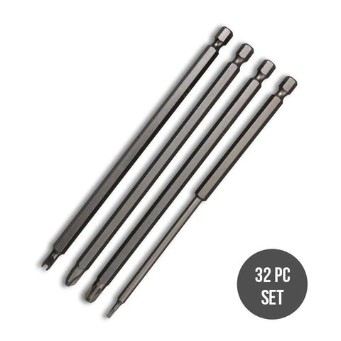 Heavy Duty 32-Piece S2 Steel Tamper-Proof Bit Set With 6 Inch Extra Long 1/4 Inch Security Screwdriver arranged in a row