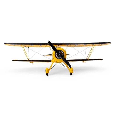 Front view of UMX Waco Yellow RC Airplane Bind-N-Fly BNF With AS3X And Safe Technology, Easy To Fly Micro Warbird.