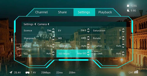 Moonlight FPV Kit With Ultra HD 4K 60FPS Camera settings interface displaying camera options on screen.