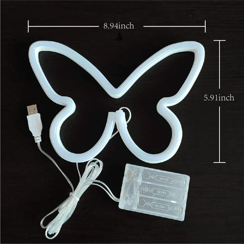 Butterfly Neon Sign LED Light USB Or 3 AA Battery Powered Pink Neon Lamp for Table Decor, shown with power options