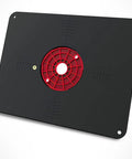 Universally Compatible Router Table Insert Plate Set With Pre Drilled Holes for quick installation, heavy-duty black metal plate