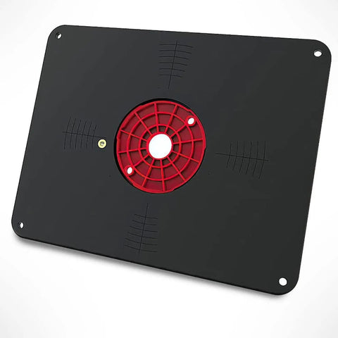 Universally Compatible Router Table Insert Plate Set With Pre Drilled Holes for quick installation, heavy-duty black metal plate