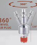 One Quarter Inch Swivel Air Plug Quick Connect Fitting For Air Hoses And Compressors, 360 Degree Rotatable Ball Swivel, Industrial M Style Connector Compatible With IM Air Couplers And Standard Air Hoses, silver metal fitting with red thread