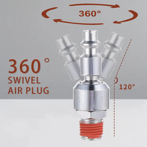 One Quarter Inch Swivel Air Plug Quick Connect Fitting For Air Hoses And Compressors, 360 Degree Rotatable Ball Swivel, Industrial M Style Connector Compatible With IM Air Couplers And Standard Air Hoses, silver metal fitting with red thread
