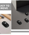 Self Adhesive Black Appliance Caster Wheels With 360 Degree Swivel Design Touch Down Roll Easy Low Profile Rollers For Kitchen Fridges Heavy Duty Storage Trays on smooth floor with tools.
