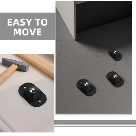 Self Adhesive Black Appliance Caster Wheels With 360 Degree Swivel Design Touch Down Roll Easy Low Profile Rollers For Kitchen Fridges Heavy Duty Storage Trays on smooth floor with tools.