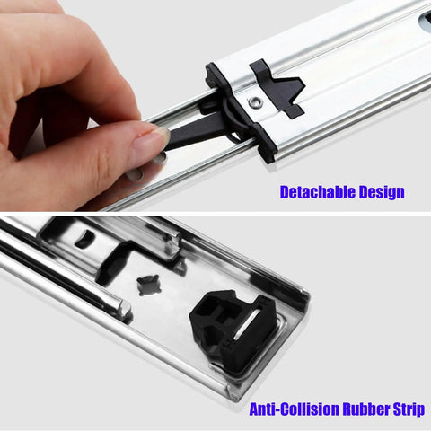Locking Drawer Slides With Side Mount Ball Bearing Rails For Smooth Easy Glide Full Extension Three Fold Runners Ideal For Instrumentation Benches And Work Tables 550 Millimeters 22 Inches Long showing detachable design and anti-collision rubber strip
