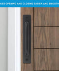 Barn Door Handles Two Pack Sliding Door Handles 6 3 Inch Hole Center Black Zinc Alloy installed on wood sliding door.