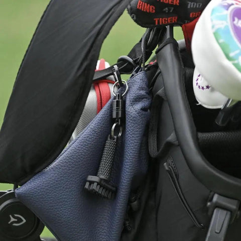 Wet Club Scrub Golf Water Brush With Anti Leak Design Magnetic Nylon Bristle Head attached to golf bag