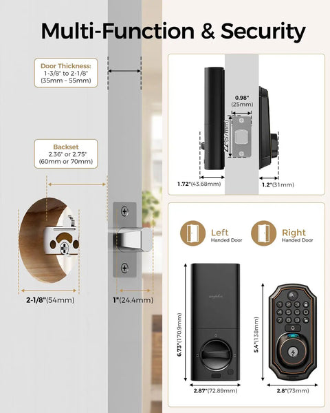 Rock Solid WiFi Video Smart Lock With 5 In 1 Keyless Entry dimensions and installation guide for door security features.