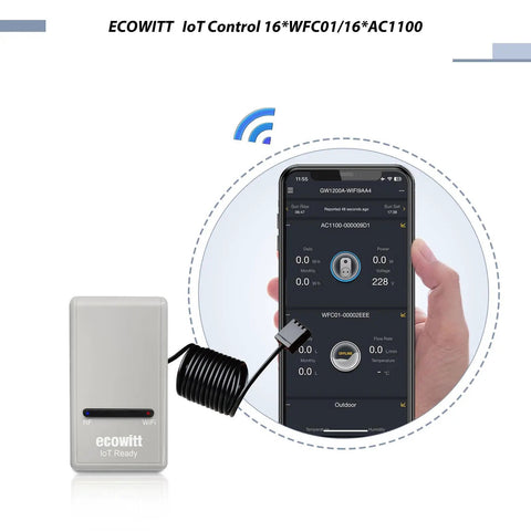 Person holds smartphone showing data from Soil Moisture Tester Kit With 915 MHz GW1200 IoT WiFi Gateway And WH51 Sensor for backyard use.