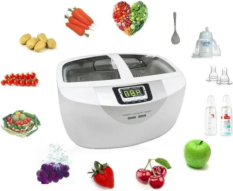2.5 Liter Capacity Ultrasonic Jewelry Cleaner With Digital Timer And 40 Khz Frequency For Rings Watches Coins And Glasses Ridiculously Clean Every Time Home Or Workspace Ready To Crush Grime Smooth Operator Vibes with assorted fruits and vegetables around it.