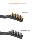 Stainless Steel And Copper Brass Mini Wire Brushes 12-Pack 7-Inch Black showing brass and stainless wire brushes for rust removal.