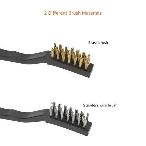 Stainless Steel And Copper Brass Mini Wire Brushes 12-Pack 7-Inch Black showing brass and stainless wire brushes for rust removal.