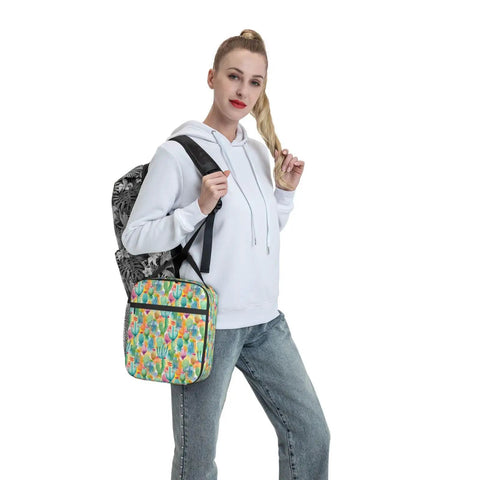 Person holding Desert Cactus Flower Insulated Lunch Bag Tote Portable Lunch Box That Keeps Food Fresh For Hours, colorful design