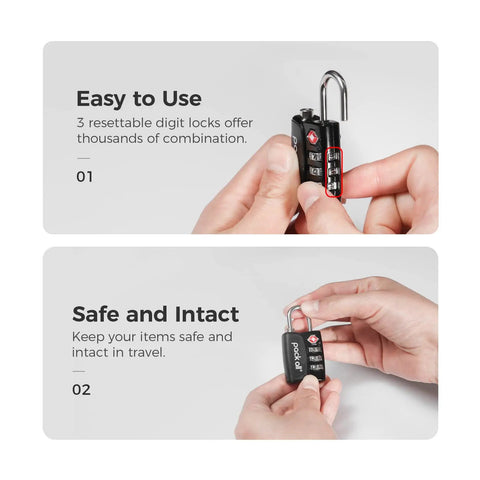 Person holding open 4 Pack TSA Approved Luggage Locks With 3 Digit Combination, Alloy Body Travel Padlocks For Suitcases And Bags