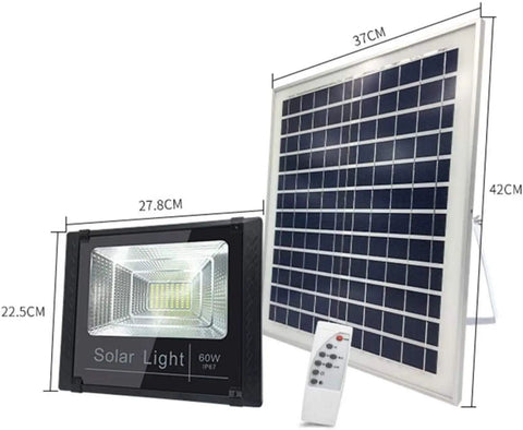 JUDYSSY Solar Flood Lights 60W Solar Outdoor Patio Lighting with solar panel and remote, designed for yard and garden use.