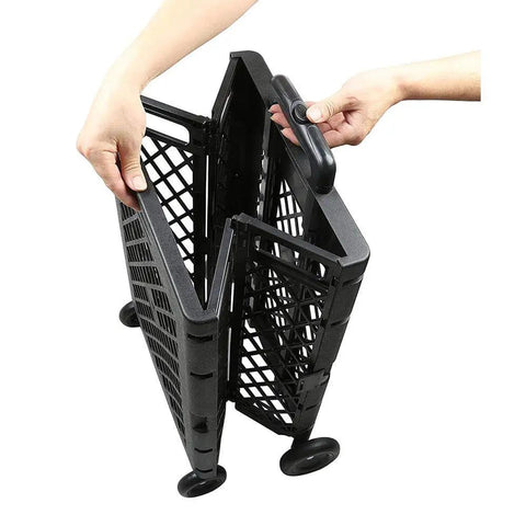 Hands folding the Pack-N-Roll Mesh Portable Tools Carrier 55 lb Load, Folding Cart With Telescoping Handle for compact storage.