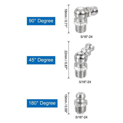 Nickel-Plated Steel Grease Fitting Set 18 pcs straight and angled nipples with 5/16-24 thread, 90°, 45°, and 180° angles.