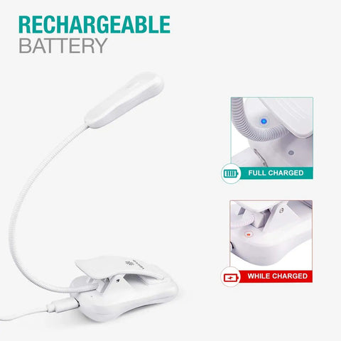 Warm 3000K LED Rechargeable Clip On Reading Light For Bed Car And Travel Ultra Lightweight 2.1 Oz Eye Friendly, charging indicator