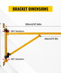 Massive 660 Lbs Wall Mount Jib Crane Hoist Bracket dimensions showing 120 cm steel boom and 180-degree swivel for heavy duty use.