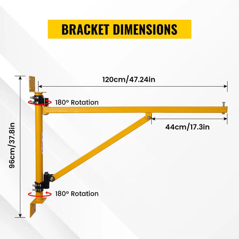 Massive 660 Lbs Wall Mount Jib Crane Hoist Bracket dimensions showing 120 cm steel boom and 180-degree swivel for heavy duty use.