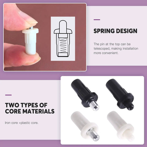 60 Piece 4 Sizes Spring Loaded Cabinet Door Repair Pins Set showing white pin with spring design, black and white options.