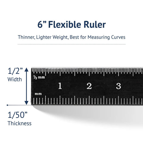 6 inch Kickass Flexible Metric Metal Ruler With Matte Black Chrome Coating, measuring curves with 1/2 inch width.