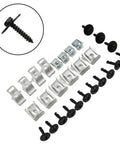 28 Piece Motor Housing Clips Kit Direct Replacement For Sub Plate Fixation Durable Heavy Duty Fasteners Built To Last For Quick Auto Repair And Maintenance Projects, black screws and silver clips laid out