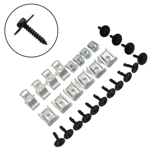 28 Piece Motor Housing Clips Kit Direct Replacement For Sub Plate Fixation Durable Heavy Duty Fasteners Built To Last For Quick Auto Repair And Maintenance Projects, black screws and silver clips laid out