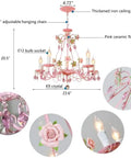 Diagram of pink crystal chandelier with five lights, 23.6 inch wide rose flower style, details of chain and pink ceramic flowers.
