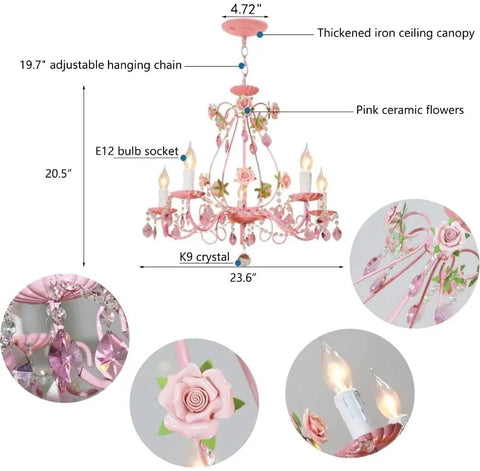 Diagram of pink crystal chandelier with five lights, 23.6 inch wide rose flower style, details of chain and pink ceramic flowers.
