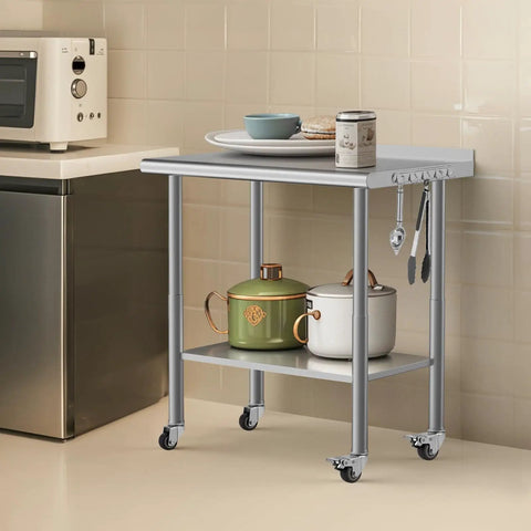 Go-To 36X24 Inch NSF Stainless Steel Work Table On Wheels With Hooks And A 3 Stage Adjustable Shelf in kitchen