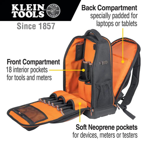 Workhorse 28 Pocket Laptop Tool Backpack For Tradesman Pro Extra Large Tech Gear open showing padded laptop and tool compartments