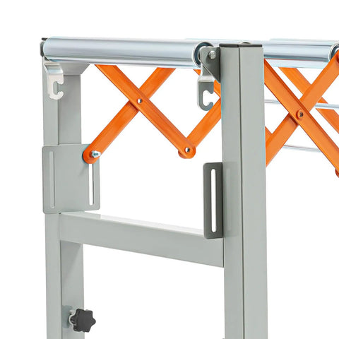Detail of adjustable roller conveyor heavy duty material handling gear for warehouse packaging lines, featuring steel frame and orange rollers.