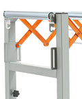 Close-up of Heavy Duty Adjustable Conveyor Roller Table With Extendable Wheels For Mortising Machines And Planers Built To Last