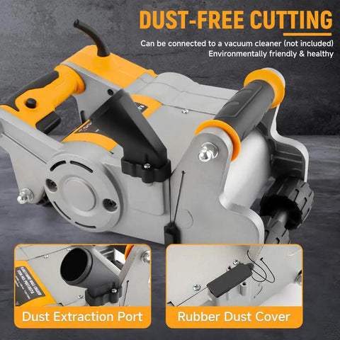 Pro Grade 1100W Electric Wall Groove Cutting Machine Beast with dust extraction port and rubber dust cover attachment features.