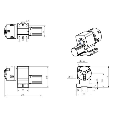 Heavy Duty Harmonic Reducer Gearbox For Cnc 4Th Axis Rotary Table Stepper Motor Drive Indexing Head With 100Mm Jaw Chuck And 22Mm Bore, technical drawing.