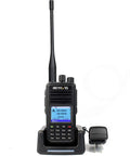 RT3S DMR Radio Dual Band Two Way Ham Radio With Cable OpenGD77 Support, shown with charging dock and plug