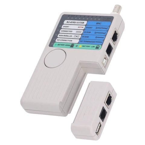 4 In 1 Cable Tester With Quick Response Detachable Modules For Network Telephone BNC USB RJ11 RJ45 And Coaxial Cables Meter Includes BNC Adapter Portable Handheld Tool For Tech Pros, white ABS plastic