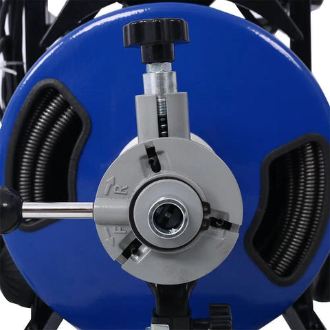 Close-up of Heavy Duty Electric Sewer Snake Auger with auto feed foot switch and steel drum for commercial drain jobs.