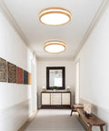 Wood LED Flush Mount Ceiling Light Modern Round Ceiling Lamp in hallway, 15.8 inch, oak finish with 4000K daylight glow.