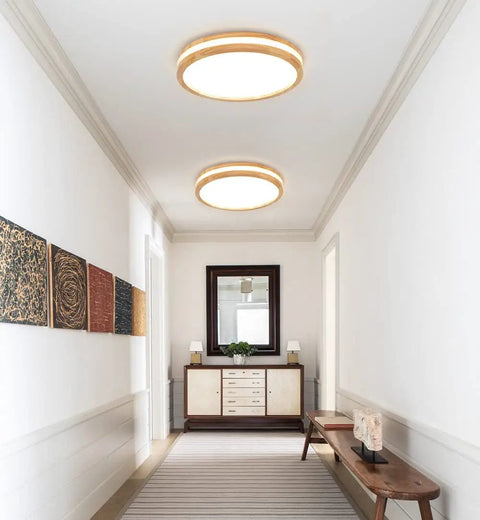 Wood LED Flush Mount Ceiling Light Modern Round Ceiling Lamp in hallway, 15.8 inch, oak finish with 4000K daylight glow.