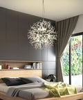 Sputnik Crystal Chandelier With Firework Chrome Finish, Dandelion Style Pendant Light Fixture, 9 Lights in modern bedroom setting