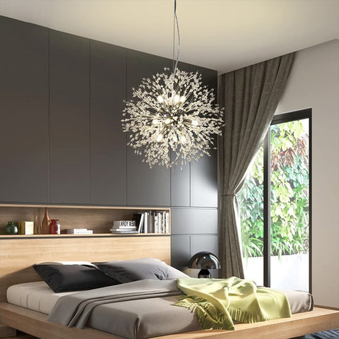 Sputnik Crystal Chandelier With Firework Chrome Finish, Dandelion Style Pendant Light Fixture, 9 Lights in modern bedroom setting