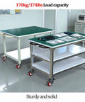 Heavy Hitting Antistatic Workbench With Easy Roll Caster Wheels Three Tier Solid Aluminum Storage Shop Table For Straight Up Workshop Needs And Pro Repair Tasks, showing green rubber top and tools.