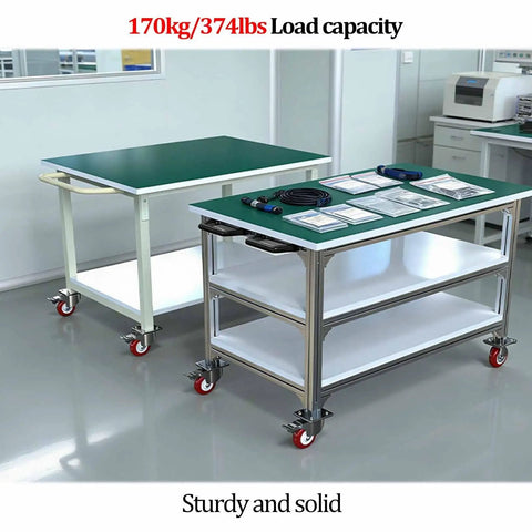 Heavy Hitting Antistatic Workbench With Easy Roll Caster Wheels Three Tier Solid Aluminum Storage Shop Table For Straight Up Workshop Needs And Pro Repair Tasks, showing green rubber top and tools.